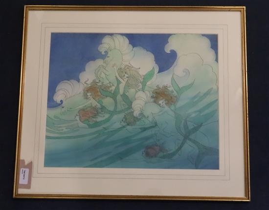 Elizabeth Mary Watt (1886-1954) Fairies riding seahorses 13.75 x 17in.